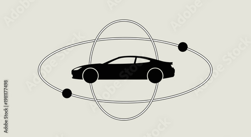 Stylized illustration of a sleek sports car surrounded by orbital paths and spheres, resembling an atomic model, set against a minimalist background.