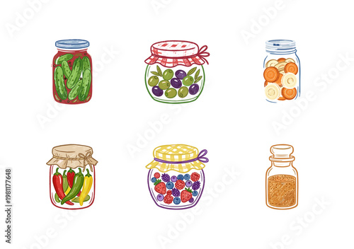 Preserved Food Jars and Homemade Canned Goods with Crayon Crayon Pencil Texture in Organic Colorful Style