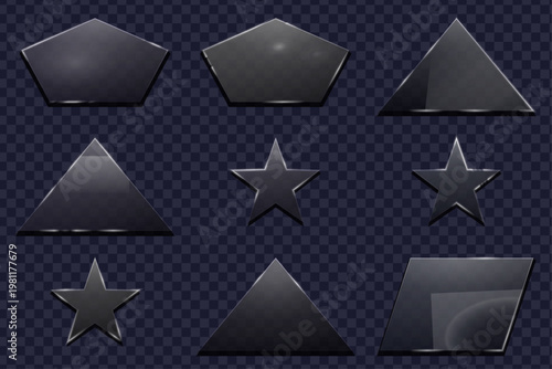 Futuristic transparent glass frames with glowing edges for realistic translucent effect and geometric figures