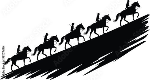 A black vector illustration shows a western cowboy silhouette riding a wild horse against a sunset sky and desert landscape