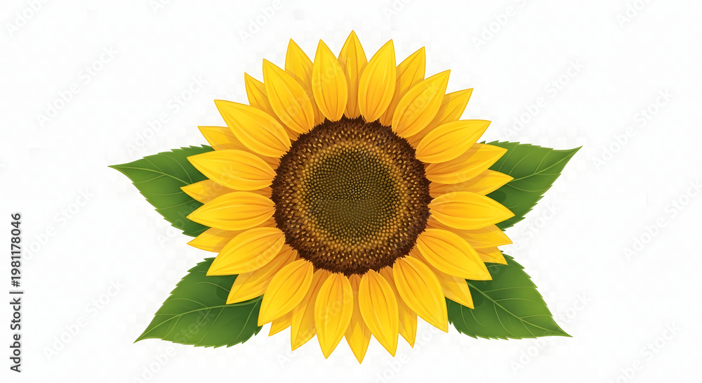 Obraz premium Bright Yellow Sunflower Vector, Detailed Petals and Realistic Center, Green Leaves, Clean Modern Floral Illustration, Isolated Transparent Background PNG