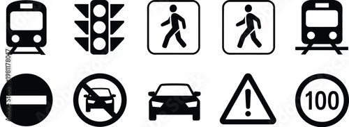 Road signs silhouette black traffic signal icons with tram symbol detailed urban transportation design high quality professional illustration