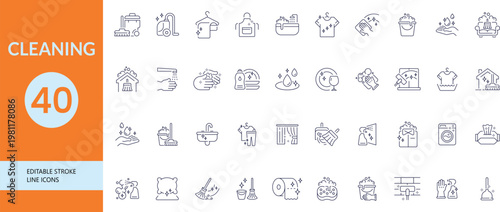 Editable cleaning service line icons set with hygiene tools housekeeping sanitation symbols.
