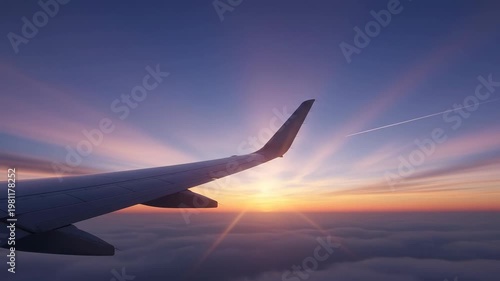 Airplane Wing Flying Over Sunset Sky During Flight.