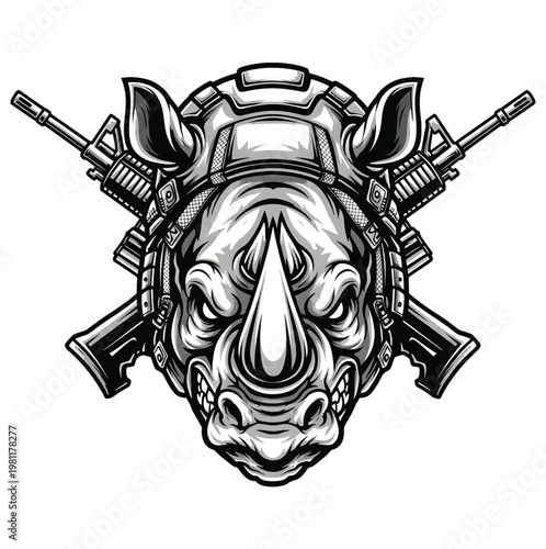 Aggressive rhinoceros head emblem in tactical gear, flanked by crossed weapons. A powerful monochromatic illustration symbolizing strength, security, and a formidable warrior spirit vector design