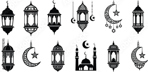 A vintage iron lamppost stands against the urban sky near the silhouette of a house chain and vector silhouettes of birds resting on an antique street lantern