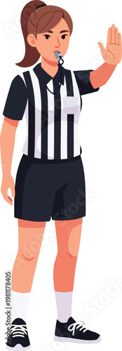 A female sports referee in a striped uniform blowing a whistle and making a stop hand signal.