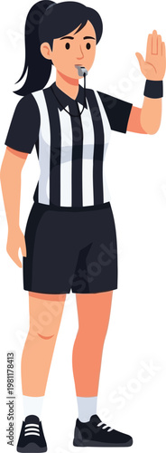Female sports referee in black and white striped uniform blowing whistle and signaling stop