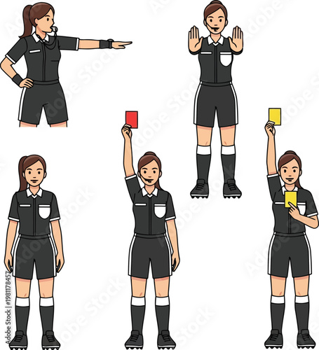 Set of female soccer referee characters showing various signals and penalty cards