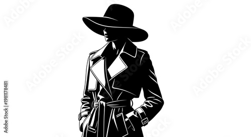 Stylish woman, black silhouette, wide brim hat, trench coat, fashion illustration isolated on White Background