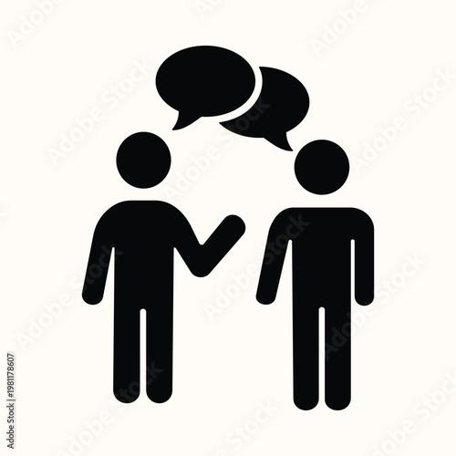Communication icon showing two stick figures talking with speech bubbles representing dialogue conversation exchange of ideas social interaction networking and verbal discussion in flat design.