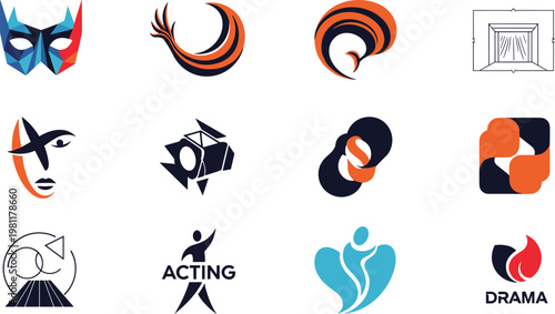 Abstract drama logos and acting icons for theater school performance arts and production.