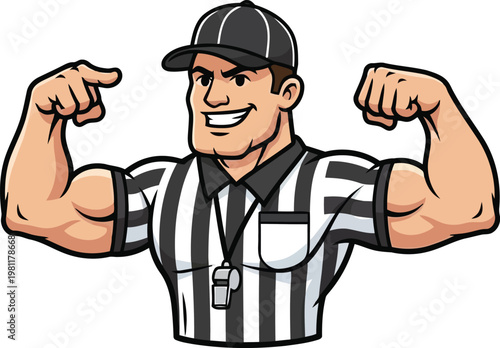 A muscular cartoon referee with a striped shirt and a whistle flexing his large biceps