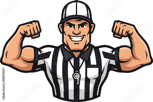 Muscular sports referee flexing his biceps in a striped uniform with a whistle and cap