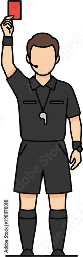 A cartoon soccer referee in a black uniform holding up a red card to signal a penalty or foul.