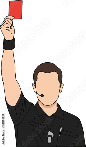 A professional referee wearing a black uniform and holding up a red card in a game