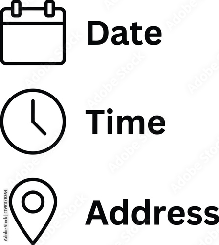 Vector graphic illustration of date, time, and address icons with labels