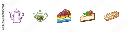 Classic Bakery Pastries and Teatime Refreshments with Colorful Crayony Pencil Texture and Organic Colorful Aesthetic