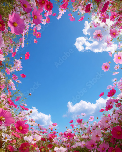 Pink flower frame with blue sky and white clouds in circular floral border