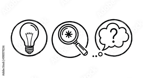 Idea generation icons lightbulb magnifying glass and question mark silhouette