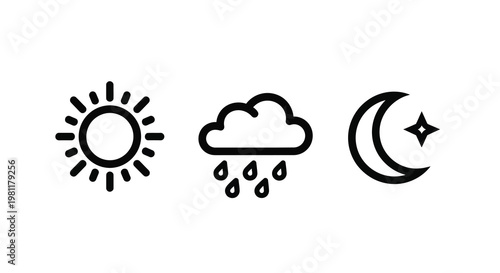 Weather icons depicting sun rain and moon in stark silhouette