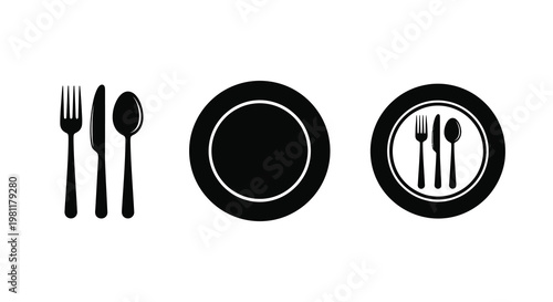 Black flatware and plates arranged in a simple stark silhouette