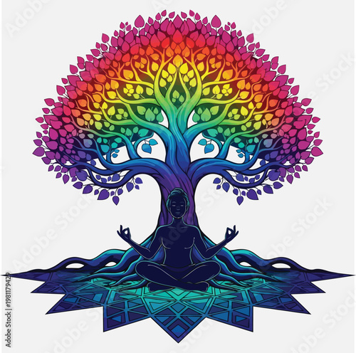 Rainbow tree of life with person meditating in lotus pose on geometric mandala background.