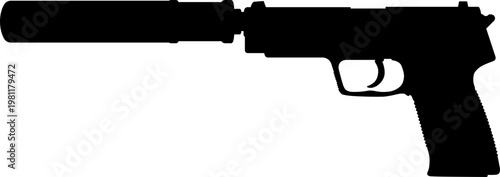 Silenced pistol silhouette vector icon with suppressor attachment