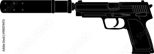 Silenced pistol silhouette vector icon with suppressor attachment