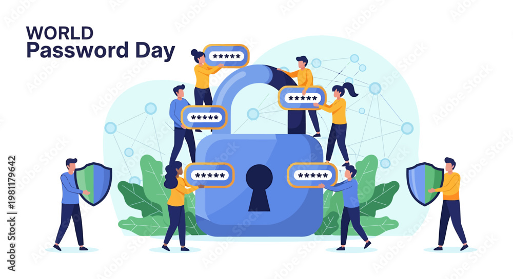 Naklejka premium Data security illustration with people and a large lock concept for passwords and cybersecurity