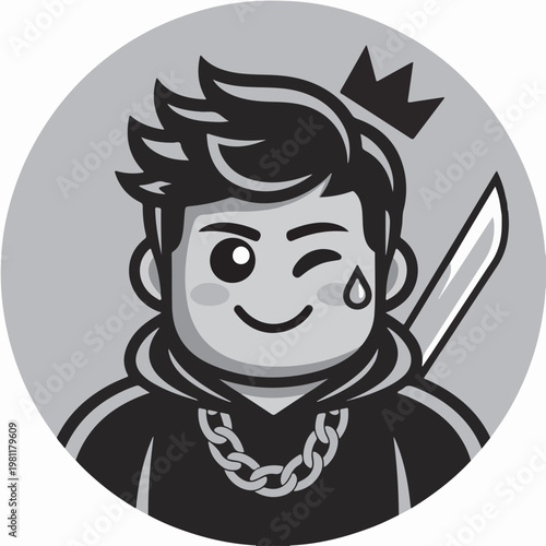 A cartoon illustration of a smiling character with a crown and sword