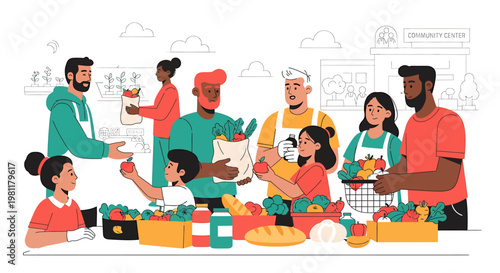 Community gathering sharing food vegetables fruits distribution illustration