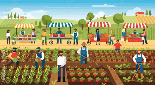 Community market scene farmers selling produce vector illustration