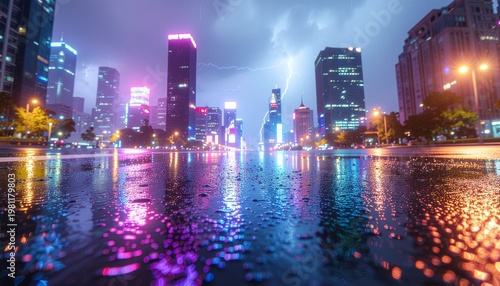 Neon Lit Futuristic City Skyline Reflected on Rainy Street at Night with Vibrant Colors and Urban Glow