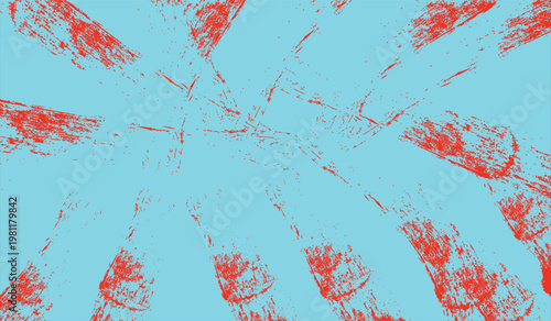 Blue background featuring red distressed grunge patterns and radial abstract paint marks.