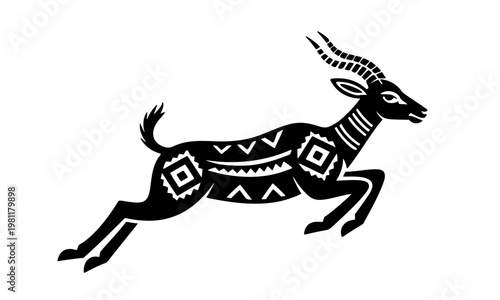 Tribal Gazelle Silhouette Leaping with Ethnic Geometric Ornament Pattern — Bold Black African Antelope Vector Art Ideal for Print, Logo, and Boho Design