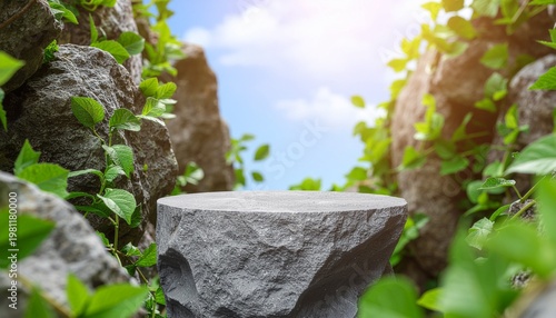 Natural stone podium surrounded by green leaves in sunlight