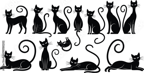 Set of black cat silhouettes featuring cute domestic kittens and feline outlines in a creative vector illustration design for animal lovers