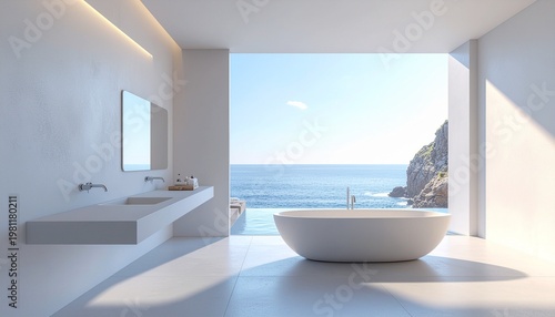 Spacious minimalist white bathroom with freestanding tub ocean view