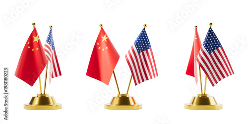 Cuadro en lienzo Desk flags of China and USA in realistic style on white background representing