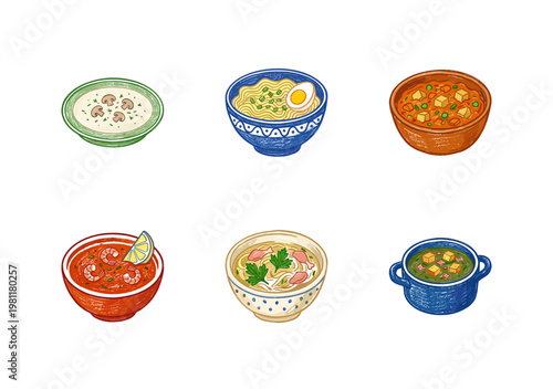 Hot Soup Bowls and Savory Stew Dishes with Crayon Crayon Pencil Texture in Colorful Sketch Style