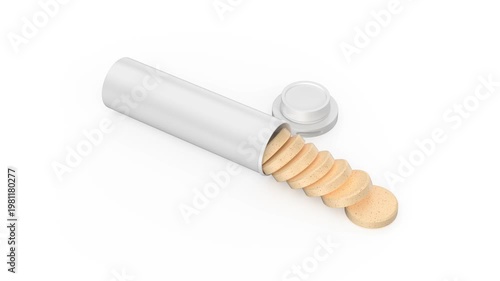 Bottle with effervescent vitamin tablets on white background