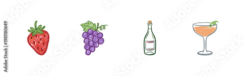 Champagne Flutes and Celebration Drinks with Fruits in Crayon Colorful Style and Fluid Crayon Pencil Texture