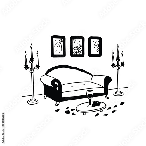 Romantic living room scene with sofa, candelabras, wine, and rose petals