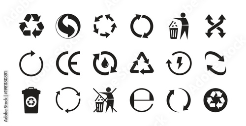 Comprehensive Recycling and Waste Management Icon Set Vector, Universal Recycling Symbol Möbius Loop, Plastic Resin Codes 1-7, Tidy Man Dispose Properly Sign, CE Mark, WEEE Crossed Bin, Estimated ℮ Si