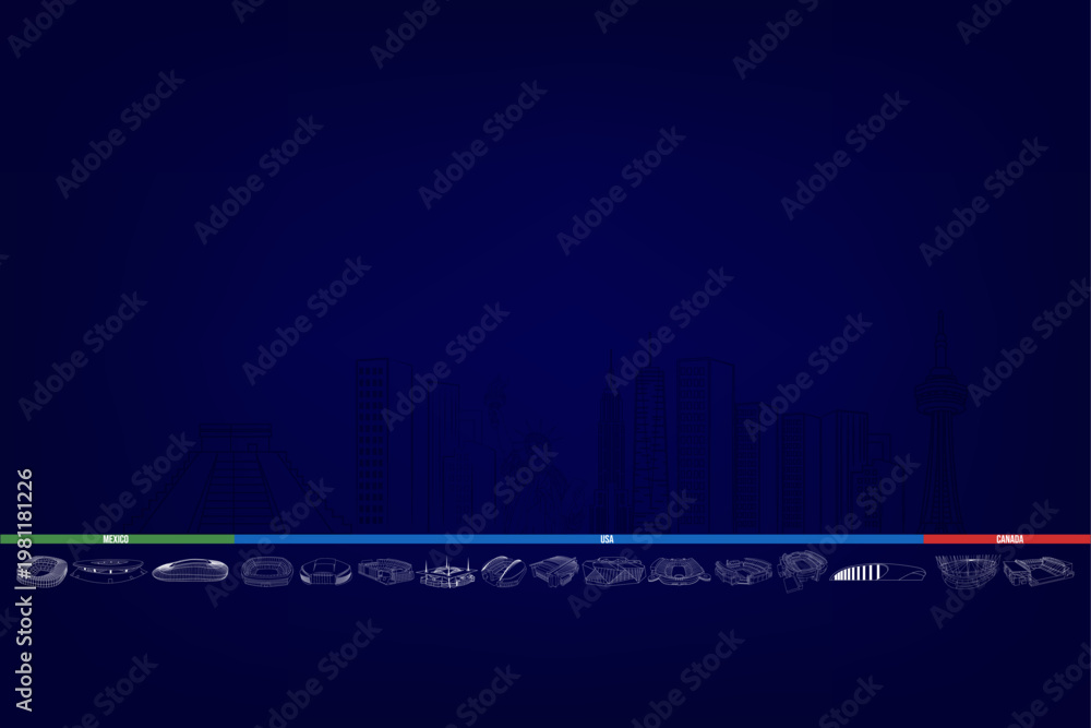 Fototapeta premium Colorful horizontal timeline with stadium venue icons and city names on dark navy blue background. Football championship 2026 host cities infographic with copy space above.