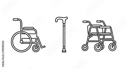 Line art depicting mobility aids wheelchair cane and walker silhouette