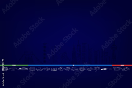 Colorful horizontal timeline with stadium venue icons and city names on dark navy blue background. Football championship 2026 host cities infographic with copy space above.