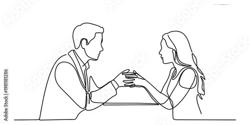 A beautiful continuous line drawing featuring a man and a woman holding hands in a gentle manner Vector, illustration