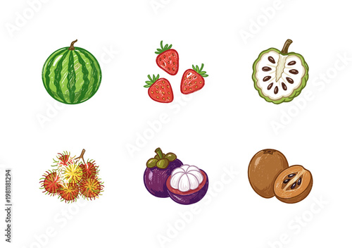 Tropical Exotic Fruits and Botanical Garden Harvest with Fluid Crayon Pencil Texture and Crayon Colorful Style